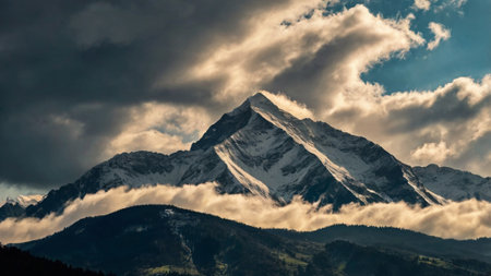 Panoramic view of the snow capped mountains in the clouds.の写真素材