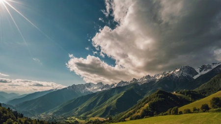 Mountain panorama with green grass and blue sky with clouds.の写真素材
