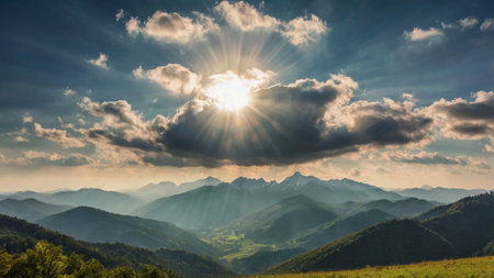 Majestic sunset in the mountains landscape. Dramatic sky. Carpathian, Ukraine, Europe. Beauty world.の写真素材