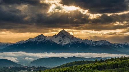 Mountains in the clouds at sunset.の写真素材