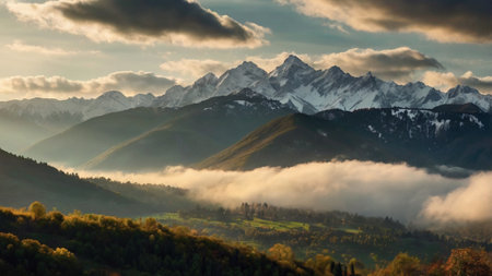 Mountain landscape with snow-capped peaks in the clouds.の写真素材