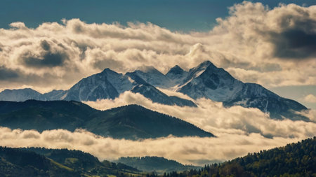 Mountain landscape with clouds and blue sky.の写真素材