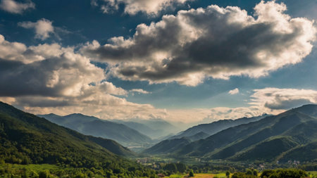 Panoramic view of the mountain range and green valley in Georgiaの写真素材
