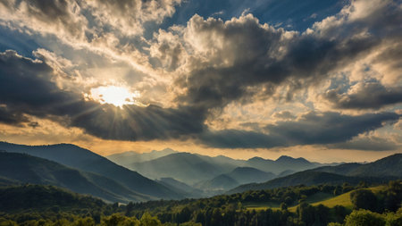 Sunset in the mountains. Beautiful summer landscape with clouds and mountains.の写真素材