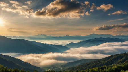 Foggy sunrise in the mountains. Beautiful summer landscape with clouds.