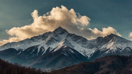Panoramic view of the snow-capped peaks of the Caucasus Mountains