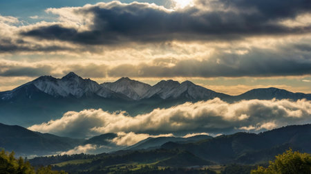 Sunset in the mountains with clouds in the sky. Landscape.の写真素材