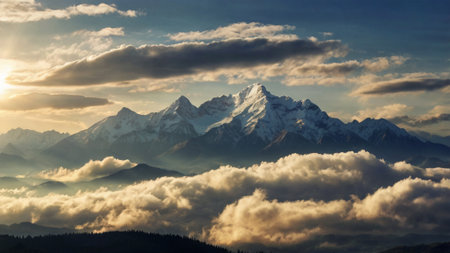 Mountain peaks in the clouds at sunset. Caucasus Mountains, Georgia.
