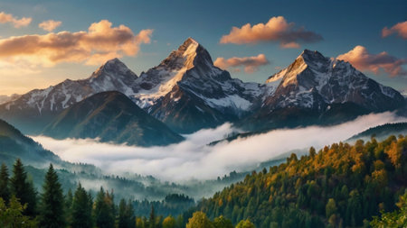 Panoramic view of the mountains in the fog at sunset.の写真素材