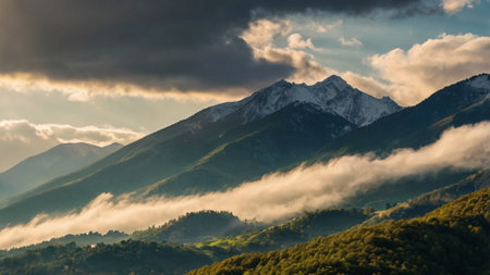 Beautiful morning landscape with fog in the mountains. Caucasus, Georgia.の写真素材