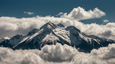Mountain landscape with clouds and snow in Himalayas, Nepalの写真素材