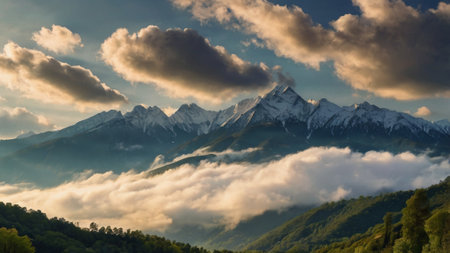 Panoramic view of the Caucasus mountains in the morning mist.