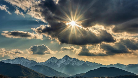 Sunset in the mountains. Panoramic view of the Caucasus Mountains.の写真素材