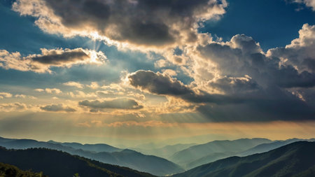 Sunset over the mountains with clouds and sun rays in the sky