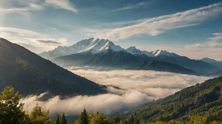 Morning fog in the mountains. Caucasus, Dombay, Russia