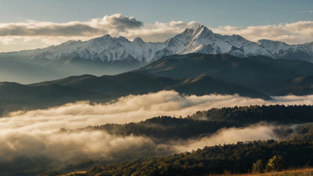 Mountain landscape with fog in the morning. Caucasus, Russia.の写真素材