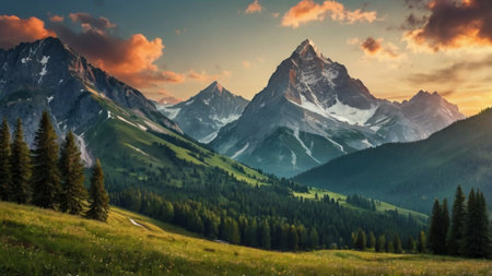 Mountain landscape at sunset. Panoramaの写真素材