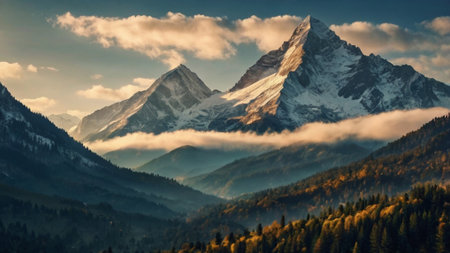 Beautiful alpine landscape with snow-capped mountains in the morningの写真素材