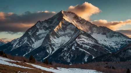 Beautiful winter landscape with snow covered mountains in the background at sunsetの写真素材