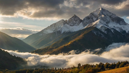 Mountains in the clouds. Beautiful mountain landscape with snow-capped peaks.