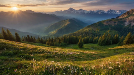 Beautiful summer landscape in the mountains. Sunrise over the mountains.の写真素材