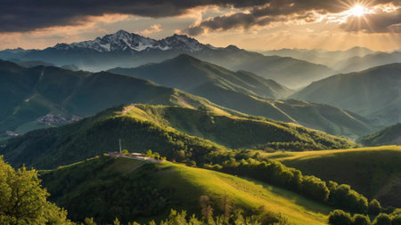 Mountain landscape at sunset. Caucasus, Svaneti region, Georgia.の写真素材