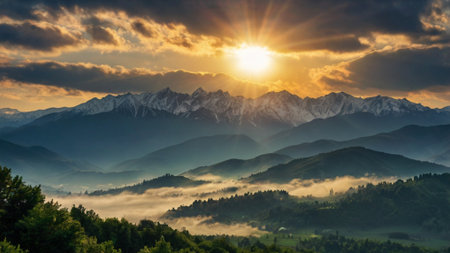 Mountain landscape at sunset. Panoramic view of the mountains.の写真素材