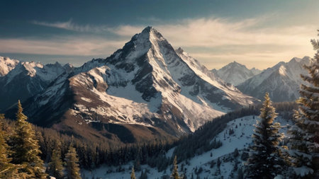 Panoramic view of the snow-capped peaks of the Alpsの写真素材