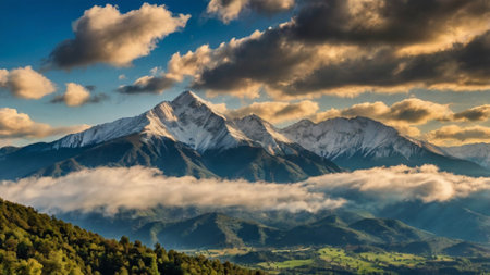 Panoramic view of the mountains at sunset.の写真素材