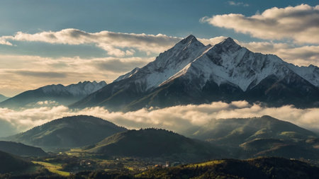 Panoramic view of the mountains in the morning fog and cloudsの写真素材