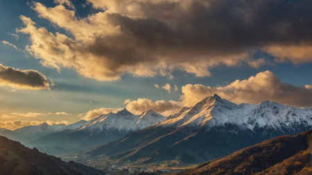 Panoramic view of the snow-capped mountains at sunsetの写真素材