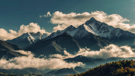 Panoramic view of snow capped mountains. Caucasus Mountains, Georgia.の写真素材