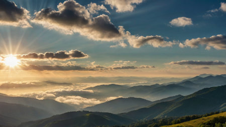 Majestic sunset in the mountains landscape. Dramatic sky. Carpathian, Ukraine, Europe. Beauty world.の写真素材