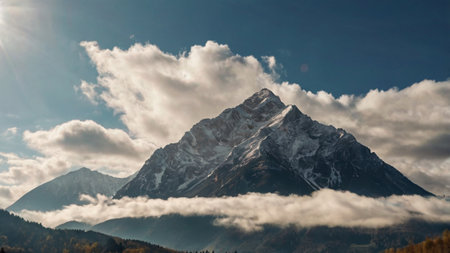 Mountain landscape with snow-capped peaks in the clouds.の写真素材