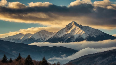 Mountain peak in the clouds at sunset.の写真素材