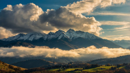 Mountain landscape at sunset. Beautiful view of the mountains and clouds.の写真素材