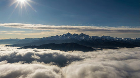 Mountains in the clouds. View from the top of the mountain.の写真素材
