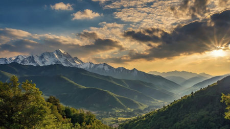 Sunset in the mountains. Beautiful summer landscape. Caucasus, Russia.