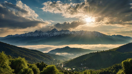 Sunset in the mountains of the Caucasus. Panoramic viewの写真素材