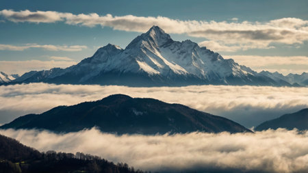 Panoramic view of the mountains in the clouds.の写真素材