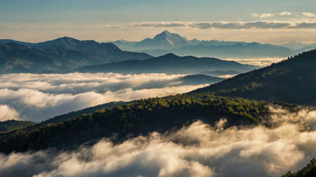 Panoramic view of the mountains in the morning fog. Caucasus Mountains, Georgia.