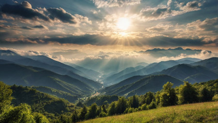 Majestic sunset in the mountains landscape. Dramatic sky. Carpathian, Ukraine, Europe. Beauty world.