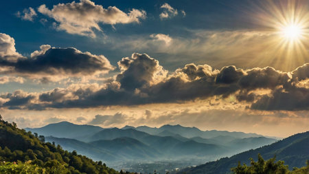 Sunset in the mountains. Panoramic view of the Carpathian Mountains, Ukraine.
