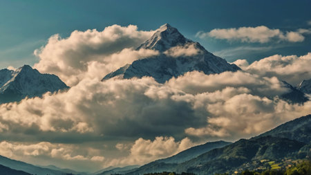 Mountain landscape with clouds. Caucasus Mountains, Georgia, region Gudauri.の写真素材