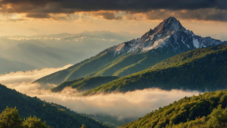 Mountain landscape in the morning mist. Caucasus Mountains, Georgia.