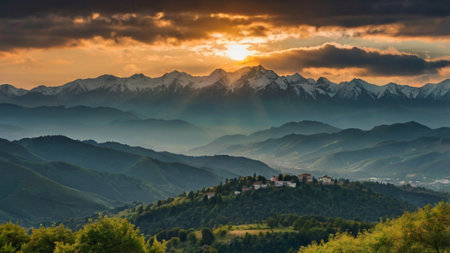 Sunset in Tuscany, Italy. Beautiful panoramic view of the mountains.の写真素材