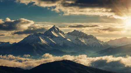 Panorama of the mountains in the clouds at sunset.