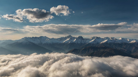 Beautiful panoramic view of Himalayas mountain range and cloudsの写真素材