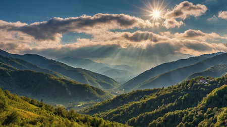 Sunset in the mountains with clouds and sun rays. Beautiful summer landscape.の写真素材
