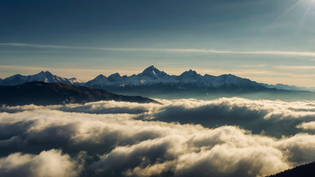 Sunrise over the clouds in the mountains of the Swiss Alps.の写真素材